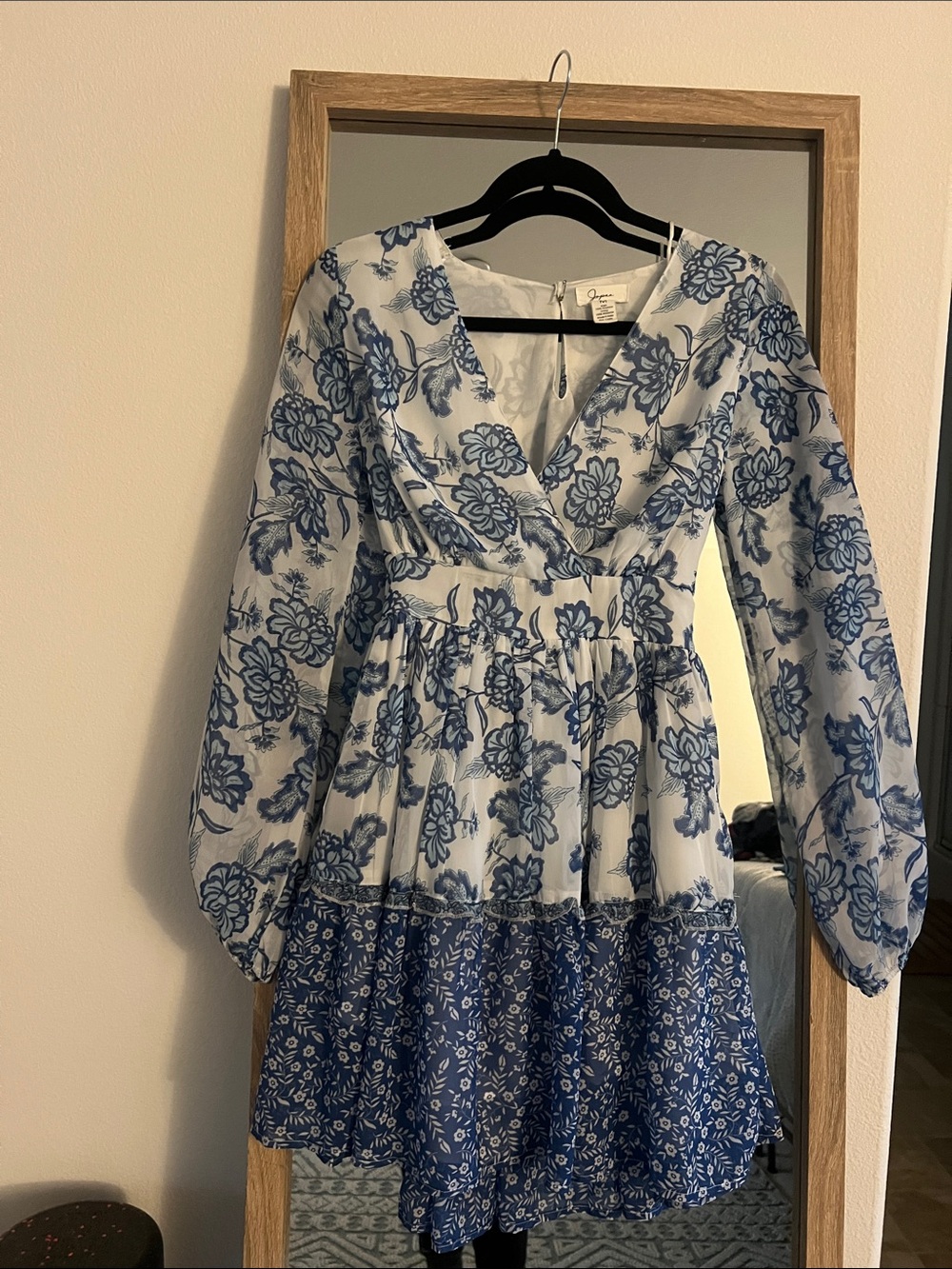 White and Blue Floral Tiered Mini Dress